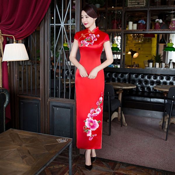 

длинные красный дамы вискоза cheongsam весна китайский стиль мандарин воротник длинные платья женщин qipao тонкий бальные платья платье, Red