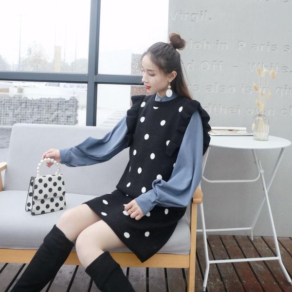 

sweater pullover vest wave point print ruffles autumn winter long round collar loose knit clothes vestidos lxj926, Black;white