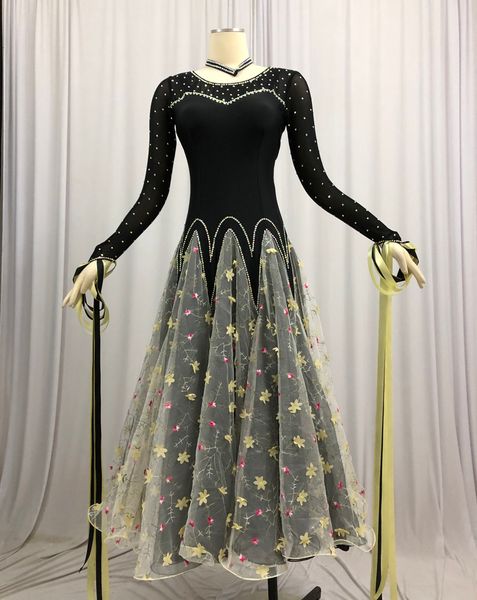 

black color ballroom competition dance dresses new long sleeve waltz dance skirt lady's standard ballroom dancing dress, Black;red