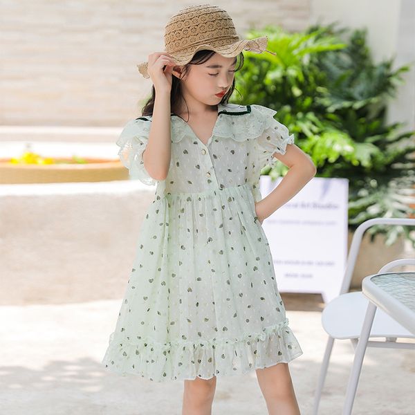 

kids girls dress chiffon princess dress girl lace sweet ruffle print evening party 2020 summer children clothes 4-14y, Red;yellow