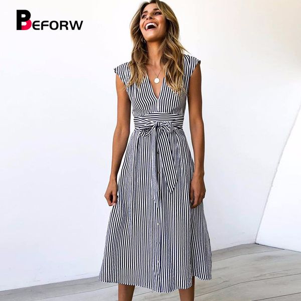 

beforw women dress 2019 summer sleeveless beach dress v neck party vestidos female casual striped midi dresses, Black;gray