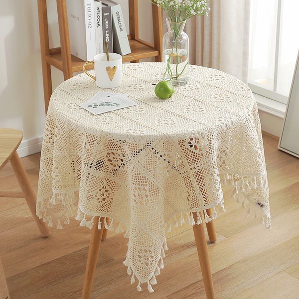 

american-style pastoral style fresh cut-out lace round table cloth retro camera imitation handmade crochet coffee table cabinet towel cover