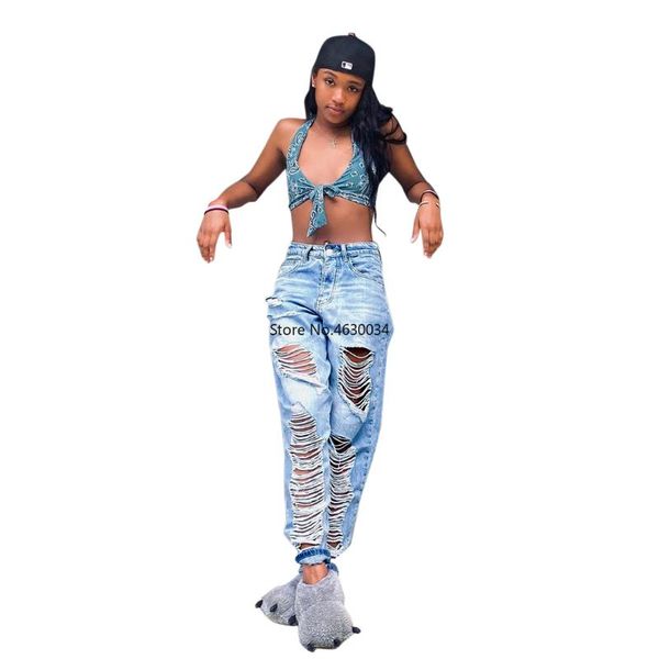 

2020 summer denim pants women retro solid hole jeans ripped pencil trousers street loose high waist lady pants, Blue