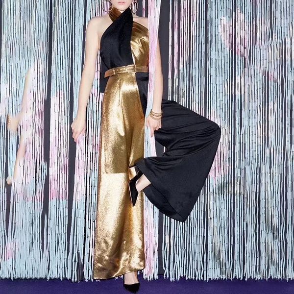

elegant patchwork hit color female halter sleeveless high waist tunic jumpsuits women 2020 new fashion clothes, Black;white