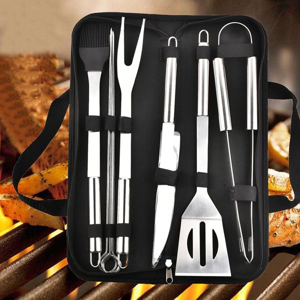

9pcs/set stainless steel bbq tools outdoor barbecue grill utensils with oxford bags stainless steel grill clip brush knife kit dh1146 t03