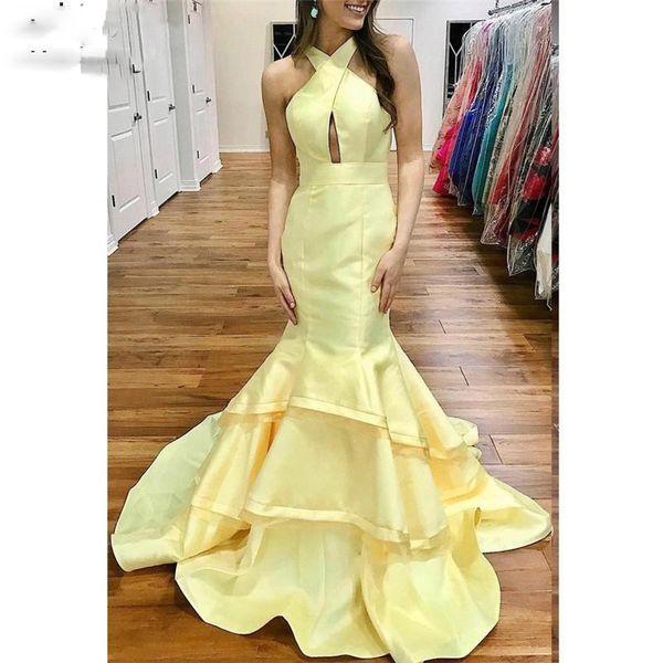 

yellow plus size prom gown dresses formal gowns halter sleeveless court train mermaid satin pleated barato robe de soiree, Black