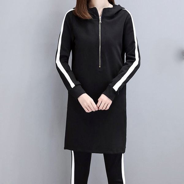 

2019 fashion slim black hoodies women set plus size stripe side casual two piece set women zipper long hooded sweatshirt + pant, White