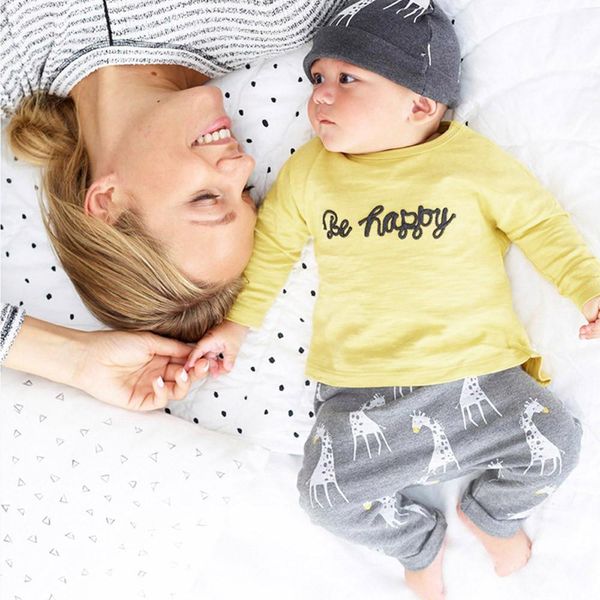 

toddler infant baby girls boys letter giraffe t-shirt pants outfits set, White