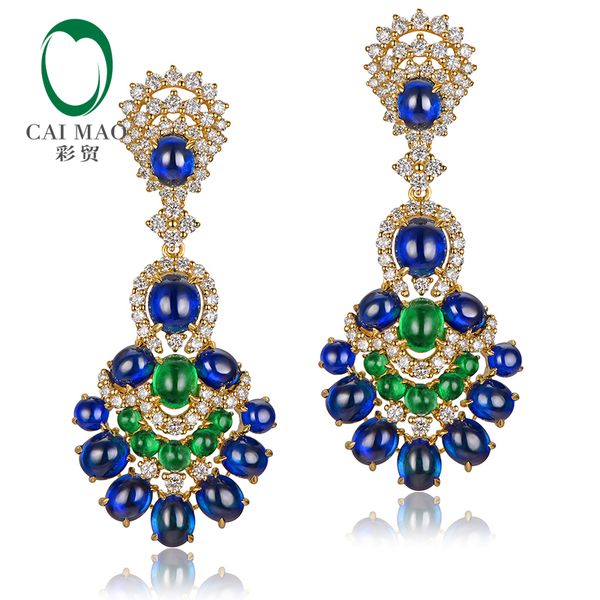 

caimao gorgeous natural 14.29ctw blue sapphires emeralds and diamonds earrings 18kt yellow gold retro english lock for women, Golden;silver