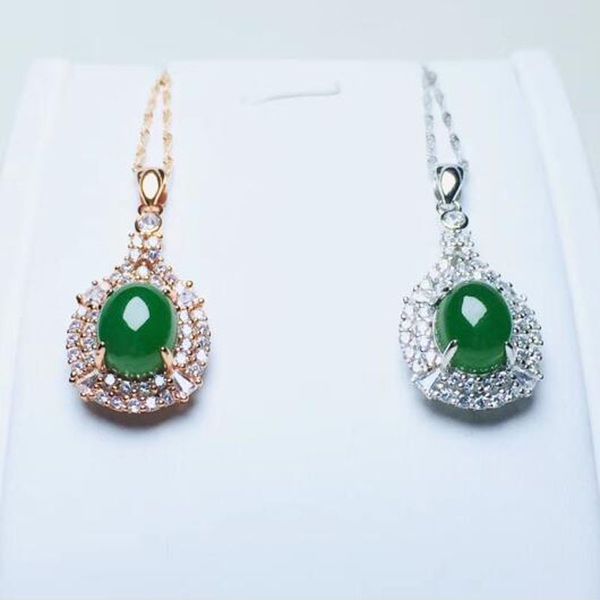 

925 silver green hetian jade inlay zircon design lucky pendant + chain necklace for women fine jewelry certificate