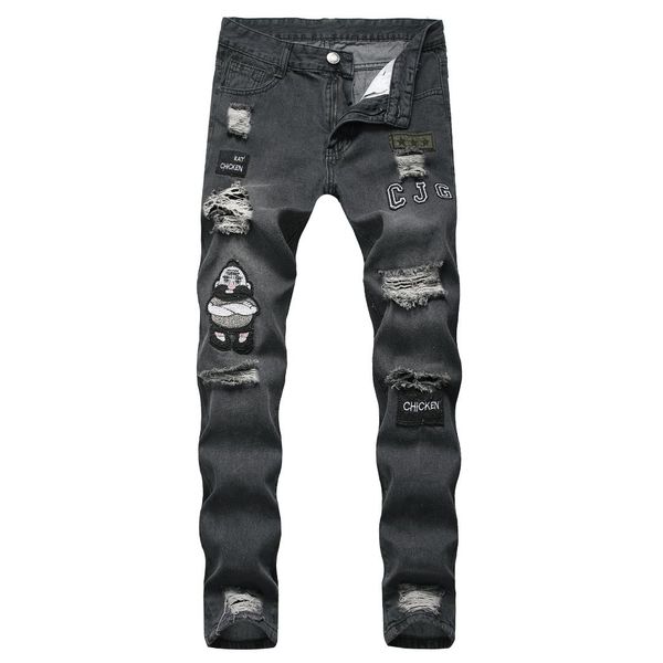 

foreign trade fashion pants men's jeans cool with holes beggar europe and america high street youth badge applique versatile lon, Blue