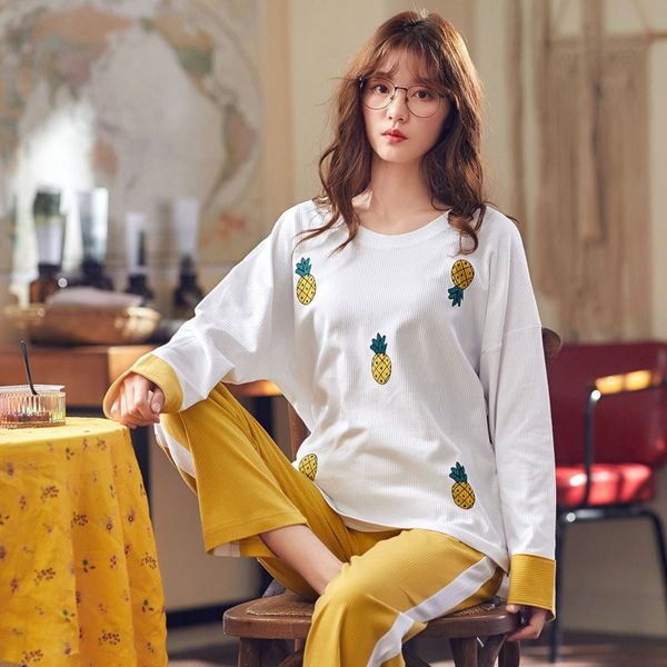 

2019 new autumn 100% cotton print pajama sets for women long sleeve sleepwear suit loungewear homewear pijama mujer home clothes, Black;red