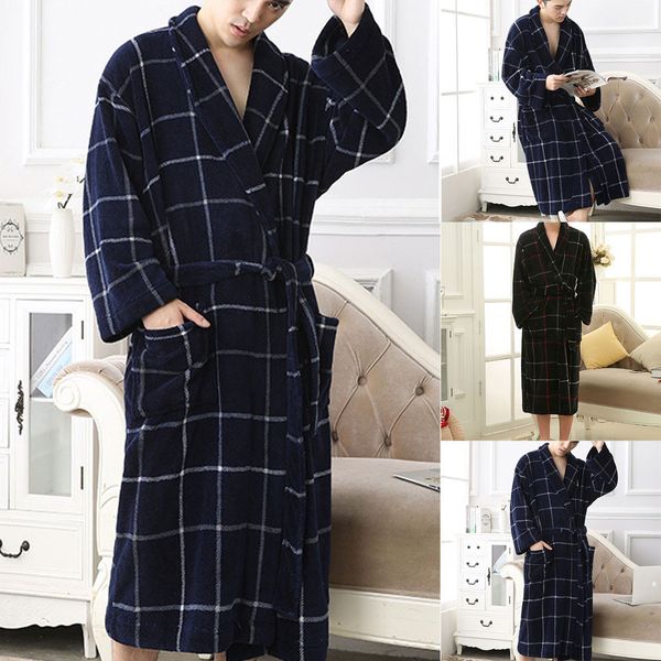 

men's casual plaid stitching long bathrobe home nightgown pajamas robe, Black;brown
