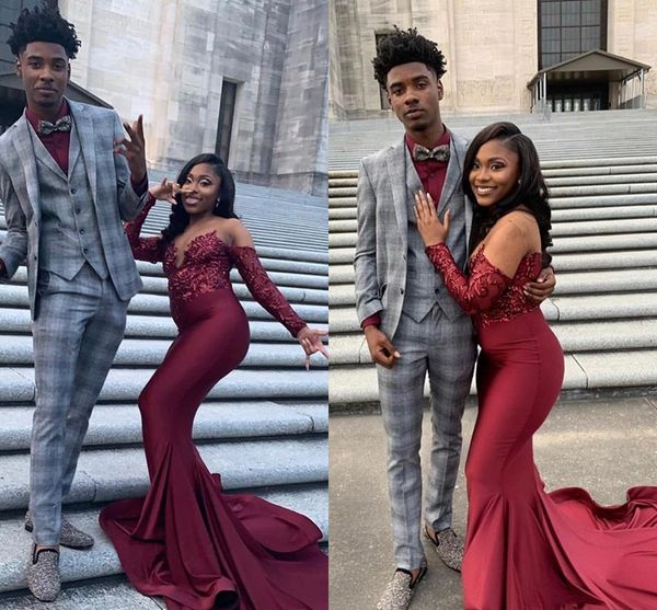 

burgundy 2019 new arrival mermaid prom dresses sheer neck long sleeves sweep train formal evening dress party gowns wear for black girls