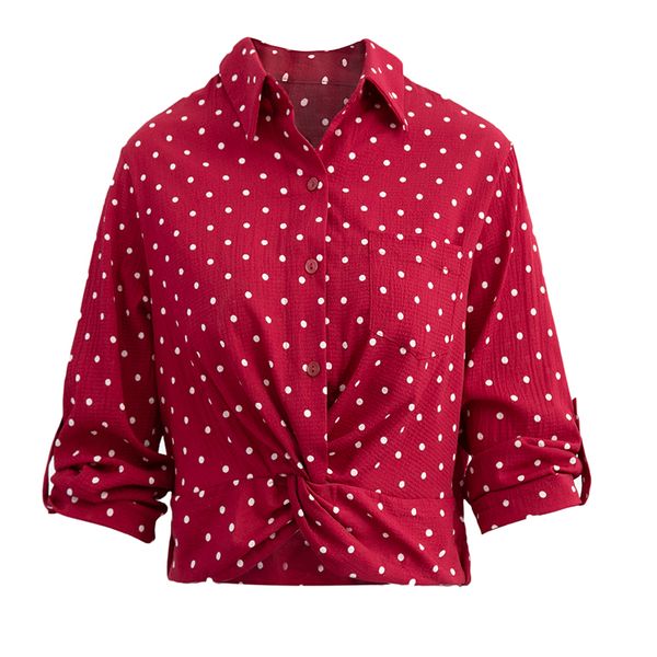 

laamei women blouse fashion polka dot long sleeve shirts casual cross knot short blusas crop red black blouse mujer 2019, White