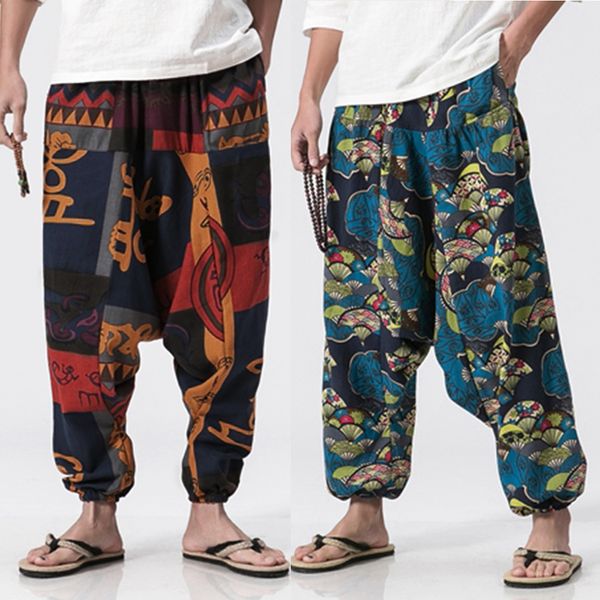 

vintage men cotton linen harem pants hip hop printed baggy wide leg pants plus size male boho summer long trousers cross, Black