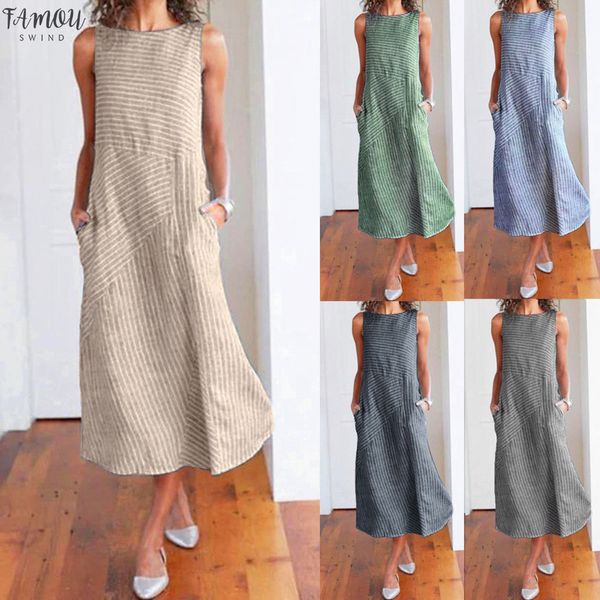 

2020 women casual striped print sleeveless dress crew neck linen pocket long dress d4, Black;gray