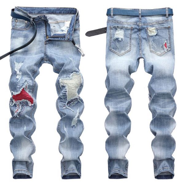 

new designer men's jeans mens distressed ripped skinny jeans classic washed slim moto biker causal mens denim pants hip hop men jeans 0, Blue