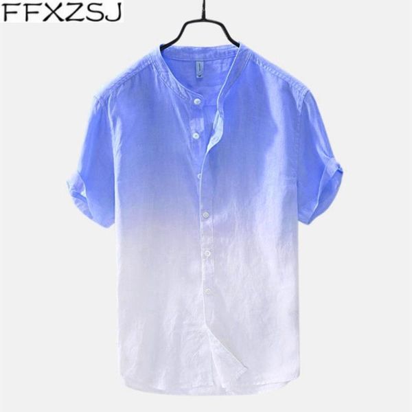 

summer casual shirt short sleeve men's cool and thin breathable collar hanging dyed gradient cotton shirt beach blouse, White;black