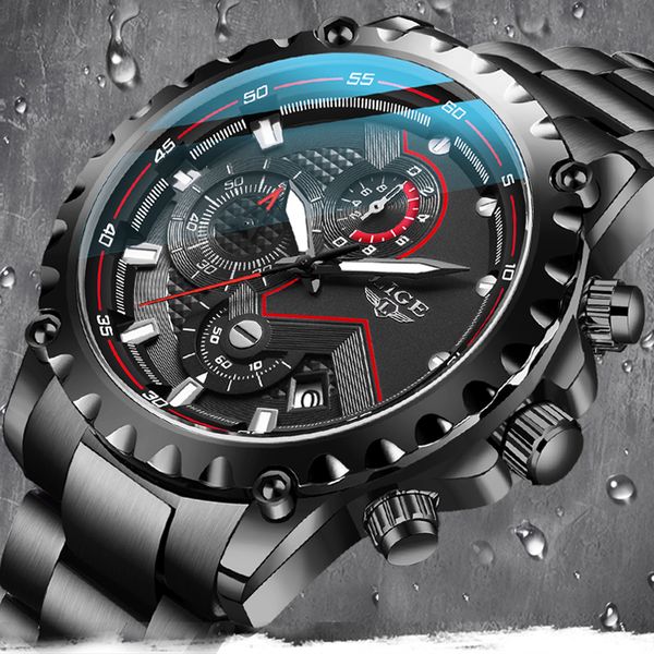 

lige 2020 multifunctional mens watches all steel 30m waterproof quartz watch men automatic date clock, Slivery;brown