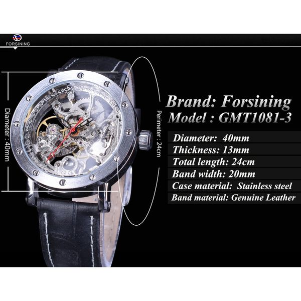 

forsining watch +bracelet set combination silver skeleton red hand black genuine leather automatic watches men transparent clock, Slivery;brown