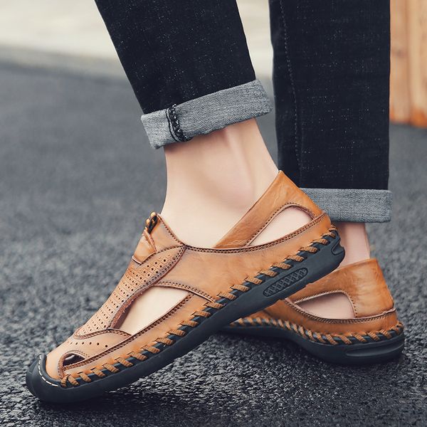 

outdoor 2020 summer genuine leather sandals men's shoes men sandals for male casual shoes water walking beach sandalias 46, Black