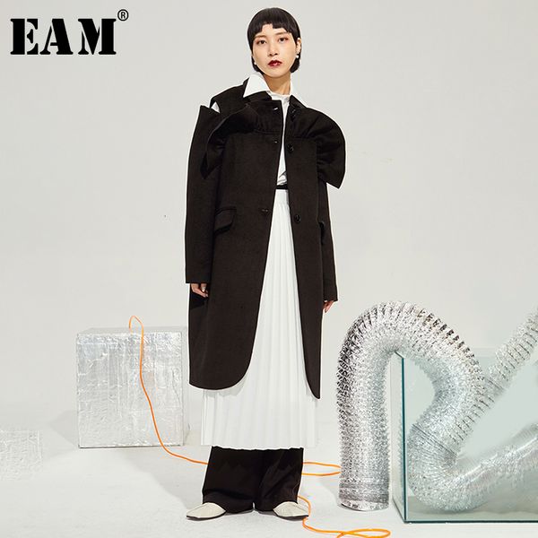 

eam] loose fit black split big size ruffles woolen coat parkas new long sleeve women fashion tide autumn winter 2019 1m473