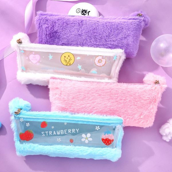 

transparent plush fruit pencil case kawaii pencil box pen bag stationery pouch kids gift school supplies zakka