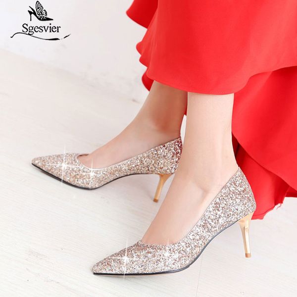 

sgesvier bling women wedding shoes high heels ladies gradient fashion party pumps shoes female bridal gold silver red, Black