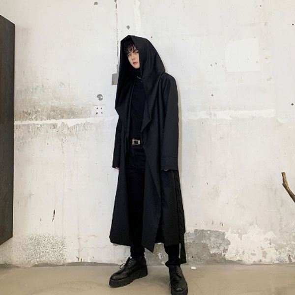 

homens do punk de boa qualidade outono inverno longo trench coat com cinto homem de hip hop com capuz manto gothic vintage cardi, Tan;black