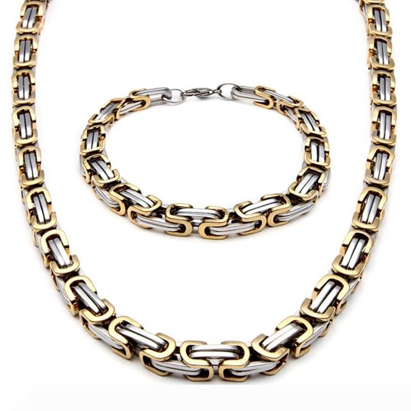 

men's stainless steel fashion style necklace and bracelet link byzantine box chain set two-tone color nb660, Silver
