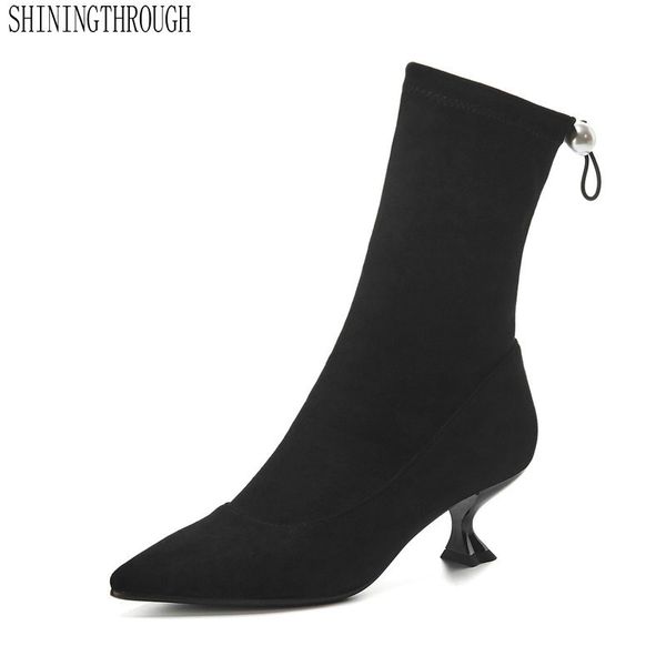 

2020 suede leather women ankle boots thin heel fashion elastic fabric winter boots pointed toe motorcycle size 34-40, Black