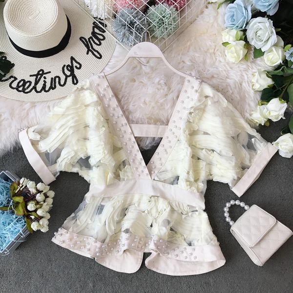 

2019 new fashion women's blouse shirt summer ruffled v-neck waist backless lace shirt, White