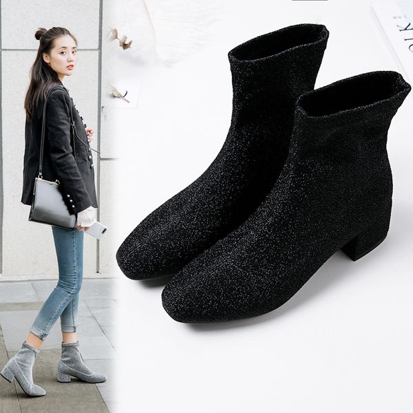 

women's boots pointed toe yarn elastic ankle boots thick heel high heels shoes woman female socks 2020 spring, Black