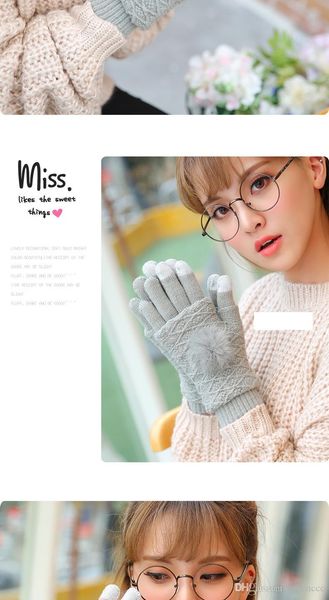 

five-finger cotton gloves for women autumn and winter touch screen wool with fleece thickened warm korean version of students lovely half, Blue;gray
