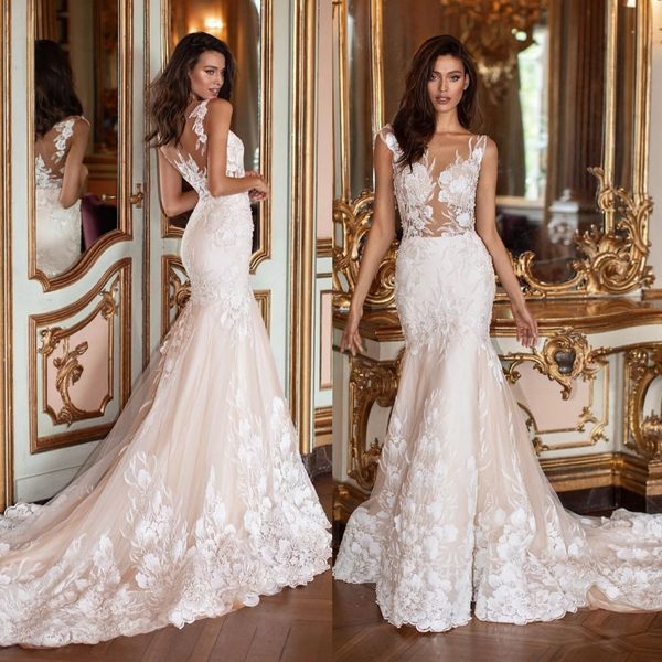 

charming mermaid beaded lace wedding dresses sheer bateau neck appliqued bridal gowns sweep train robes de mariÃ©e, White