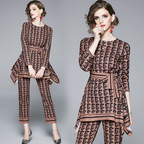

letters printed coffee brown two-piece round neck long sleeve with irregular straight leg hem t-shirt, White