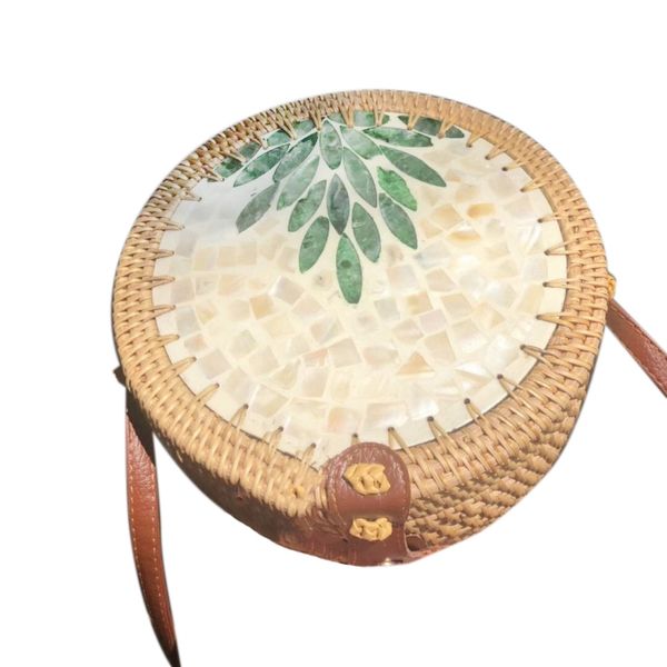 

women's woven round bag, vintage handwoven round rattan bag grass natural chic handbag shoulder bag