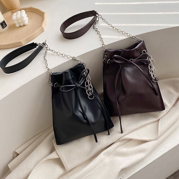 

2020 new fashion korean version wild drawstring bucket bag messenger shoulder bag chain pu hong kong style ladies
