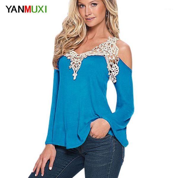 

wholesale- women blouse shirt 2017 solid floral lace off shoulder blue shirt streetwear long sleeve loose plus size 5xl casual, White