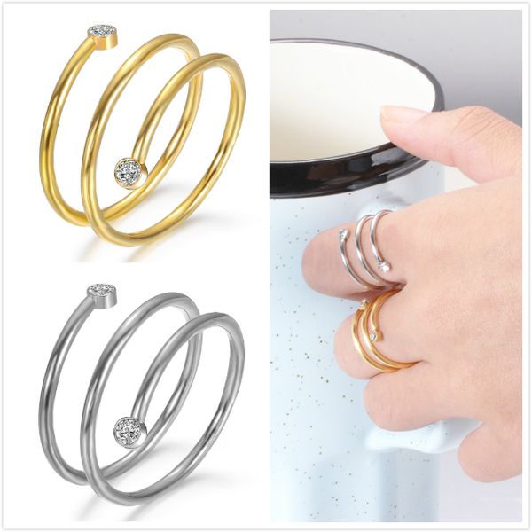 New Gold Prata de Aço Inoxidável Mulheres Aberto Círculo Dedo Anel de Dedo Rhinestone Anéis Personalizados Jóias Valentine Presentes para Mulheres Atacado