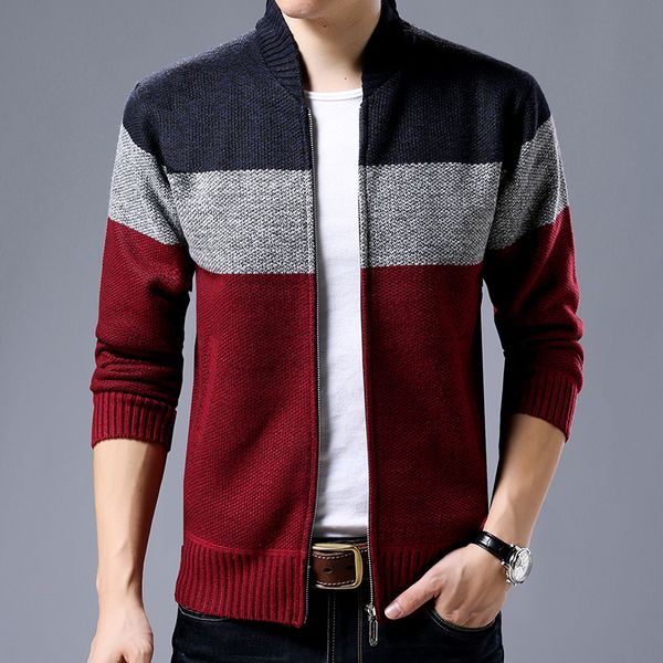 

cardigan sweater jacket zipper with velvet 2019 thickening bigger sizes warm stripes men's sweaters, White;black