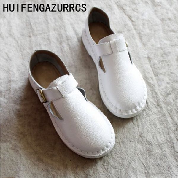 

huifengazurrcs-genuine leather shoes,women's artistic pure handmade sandals retro-vintage soft bottom lady cowskin flat shoes, Black