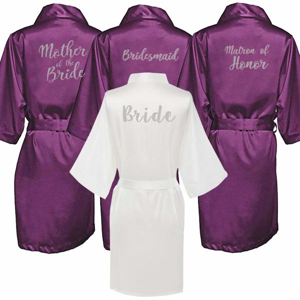 

new purple robe silver writing mother of the groom robes wedding short bride kimono bridesmaid satin robe drop shipping, Black;red
