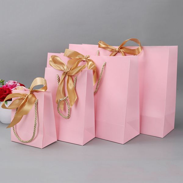

candy color gift paper bags solid shopping bag with handle and ribbon wedding party favors festival big & small gift bags 10pcs