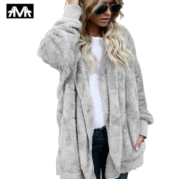

2019 new s-5xl faux fur teddy bear coat jacket women fashion open stitch winter hooded coat female long sleeve fuzzy jacket, Black