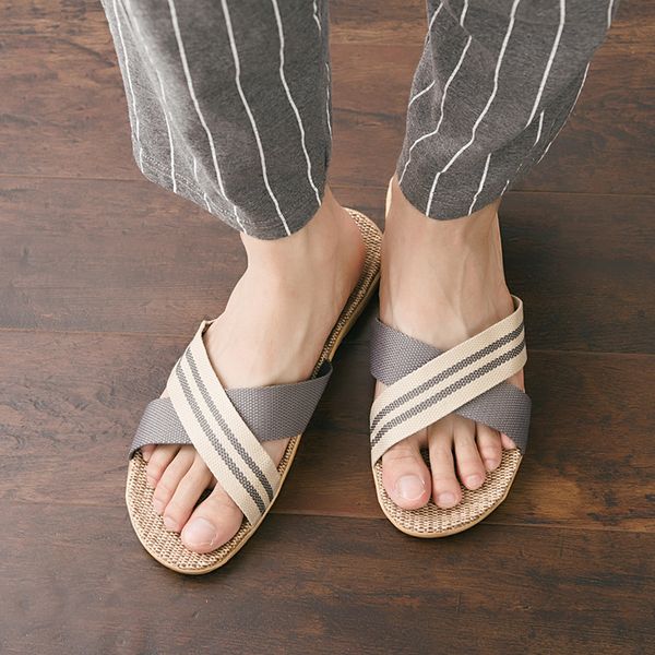 

мужчины летний льняной тапочки мода полосатой ткани главная тапочки противоскользящая крытый отдыха слайды дом этаж размер 40-45, Black