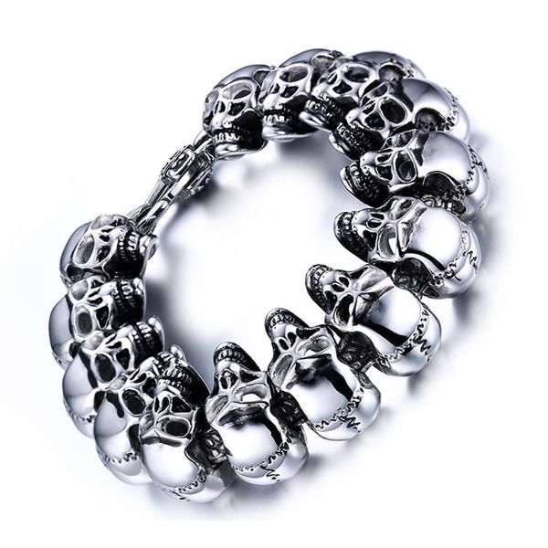 

large skull charm bracelets mens stainless steel skeleton chains on hand retro width man bracelets gothic hip hop punk fashion, Black