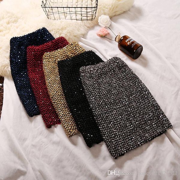 

new design fashion women's elastic waist beading paillette shinny sequined bodycon tunic pencil skirt party club skirt