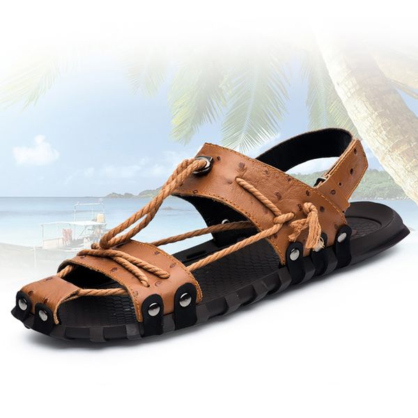 

classic men's sandals summer soft sandals comfortable men shoes genuine leather big size soft outdoor men roman, Black